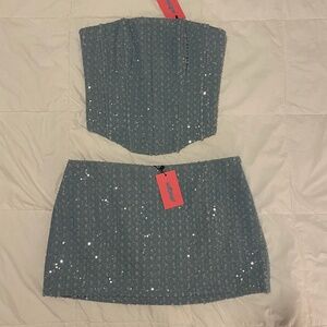 NWT Edikted Demin Sequin Corset & Skirt